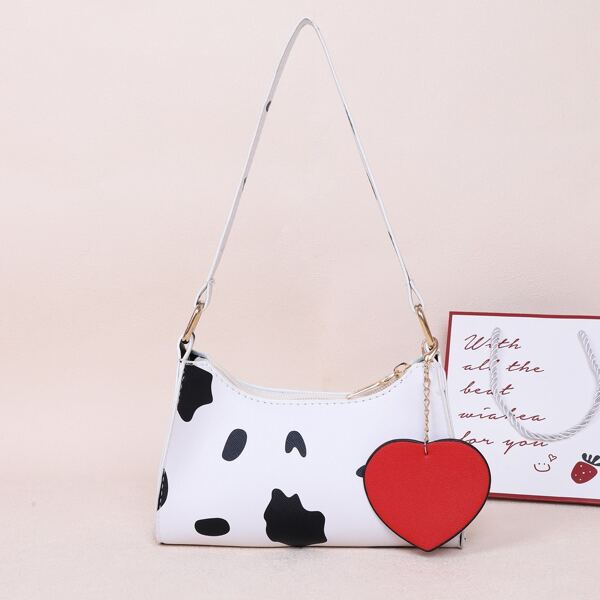 

Girls Cow Pattern Baguette Bag, Black and white