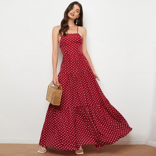 

Lace Up Backless Ruffle Hem Polka Dot Slip Dress, Burgundy