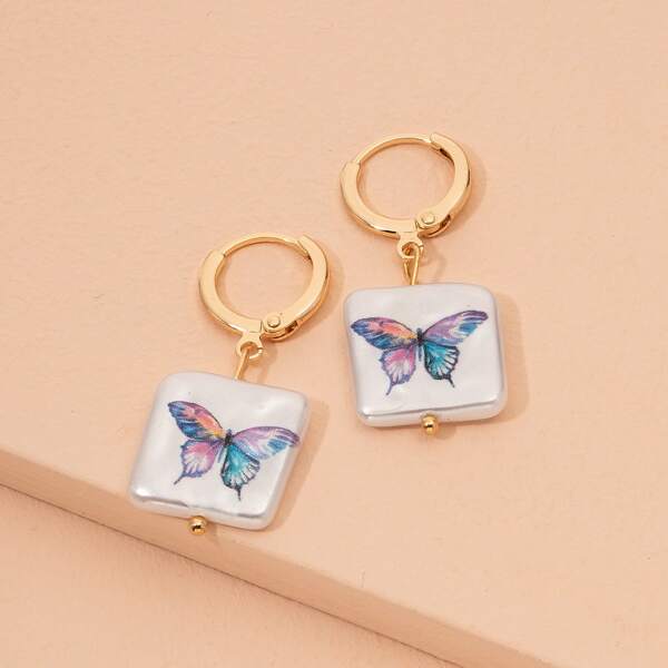 

Butterfly Print Faux Pearl Charm Drop Earrings, Multicolor