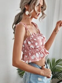 Top de tirantes de lunares de hombro con nudo bajo con fruncido - Rosa vieja - Ver 4