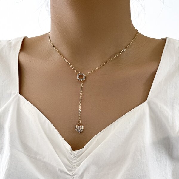

Rhinestone Heart Charm Y Lariat Necklace, Gold