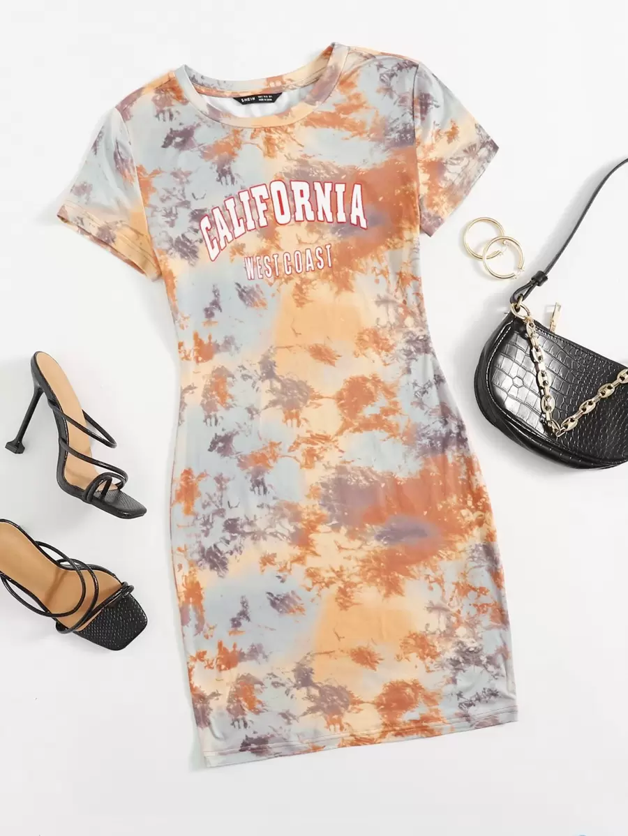 SHEIN EZwear 字母圖案紮染包臀連衣裙 - 彩色 - 查看 1