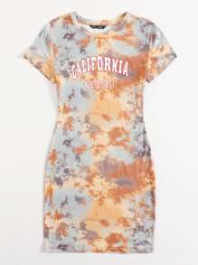 SHEIN EZwear 字母圖案紮染包臀連衣裙 - 彩色 - 查看 3