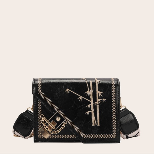 

Plant Embroidery Toggle Lock Crossbody, Black