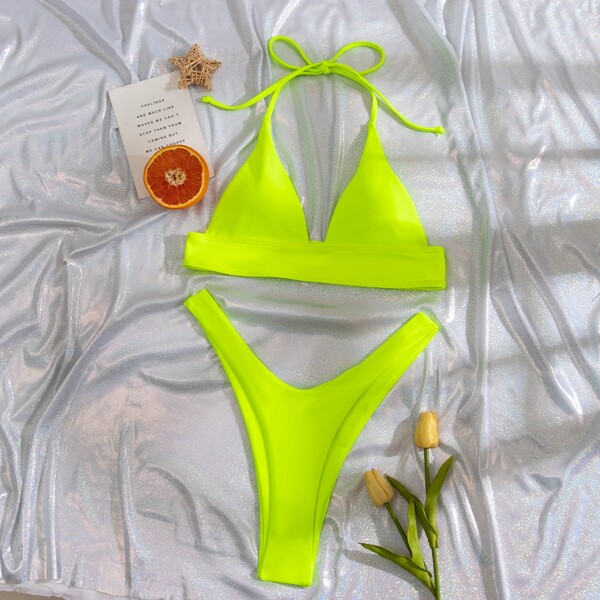 

Neon Lime High Cut Bikini Swimsuit, Green