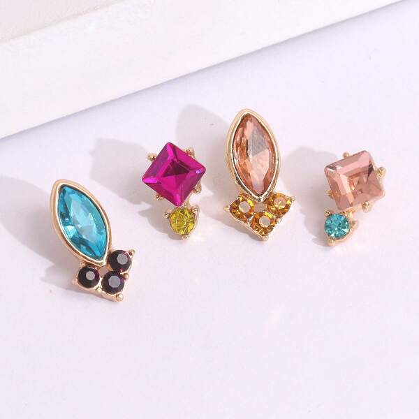 

4pcs Rhinestone Decor Stud Earrings, Multicolor