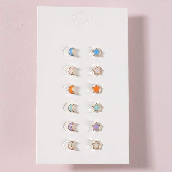 

6pairs Star Moon Decor Stud Earrings, Multicolor