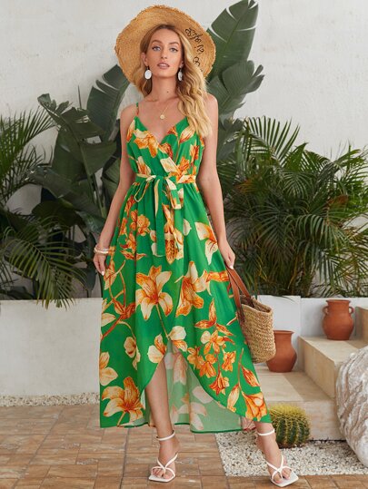 فستان كامي مزهر وبحزام ذاتي