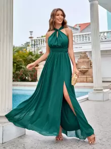 SHEIN VCAY 十字交叉繫帶露背開衩連衣裙 - 綠色 - 查看 2