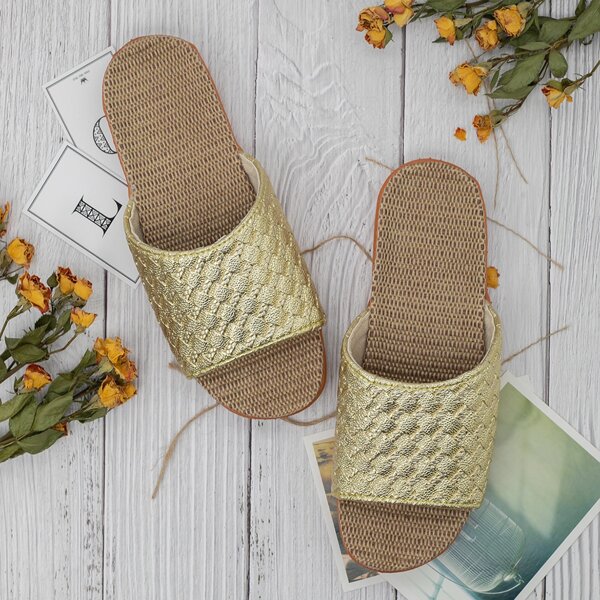 

Metallic Woven Pattern Slides, Gold