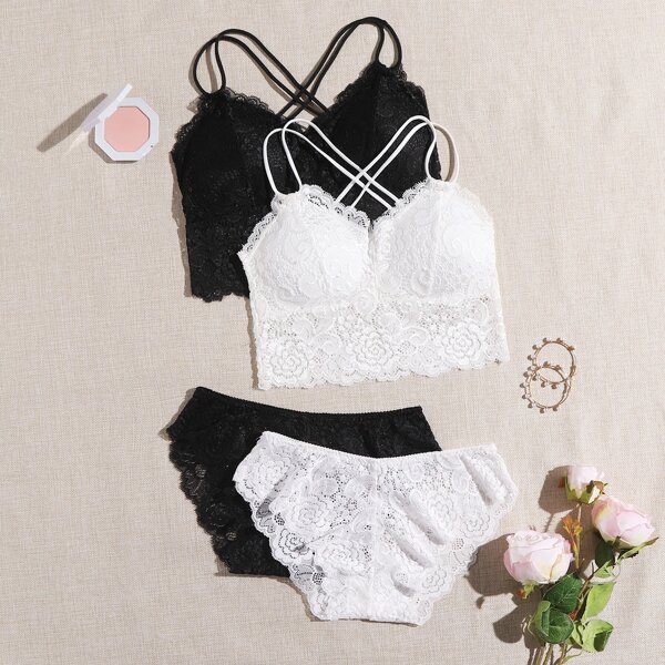 

2sets Floral Lace Longline Lingerie Set, Black and white