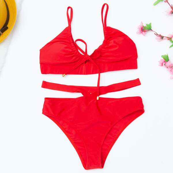 

Drawstring Cut Out Bikini Swimsuit, Red