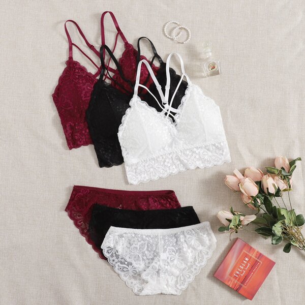 

3sets Floral Lace Scallop Trim Lingerie Set, Multicolor