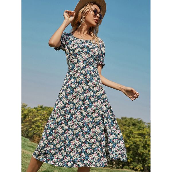 

Split Hem Allover Floral A-line Dress, Multicolor