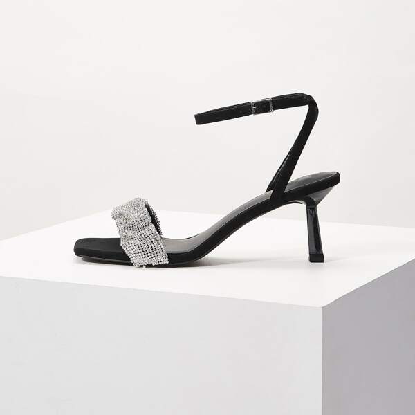 

RHINESTONE DECOR ANKLE STRAP SANDALS, Black