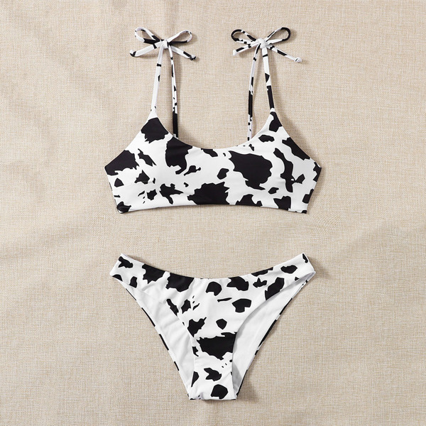

Cow Print Tie Shoulder Bikini Swimsuit, Black and white