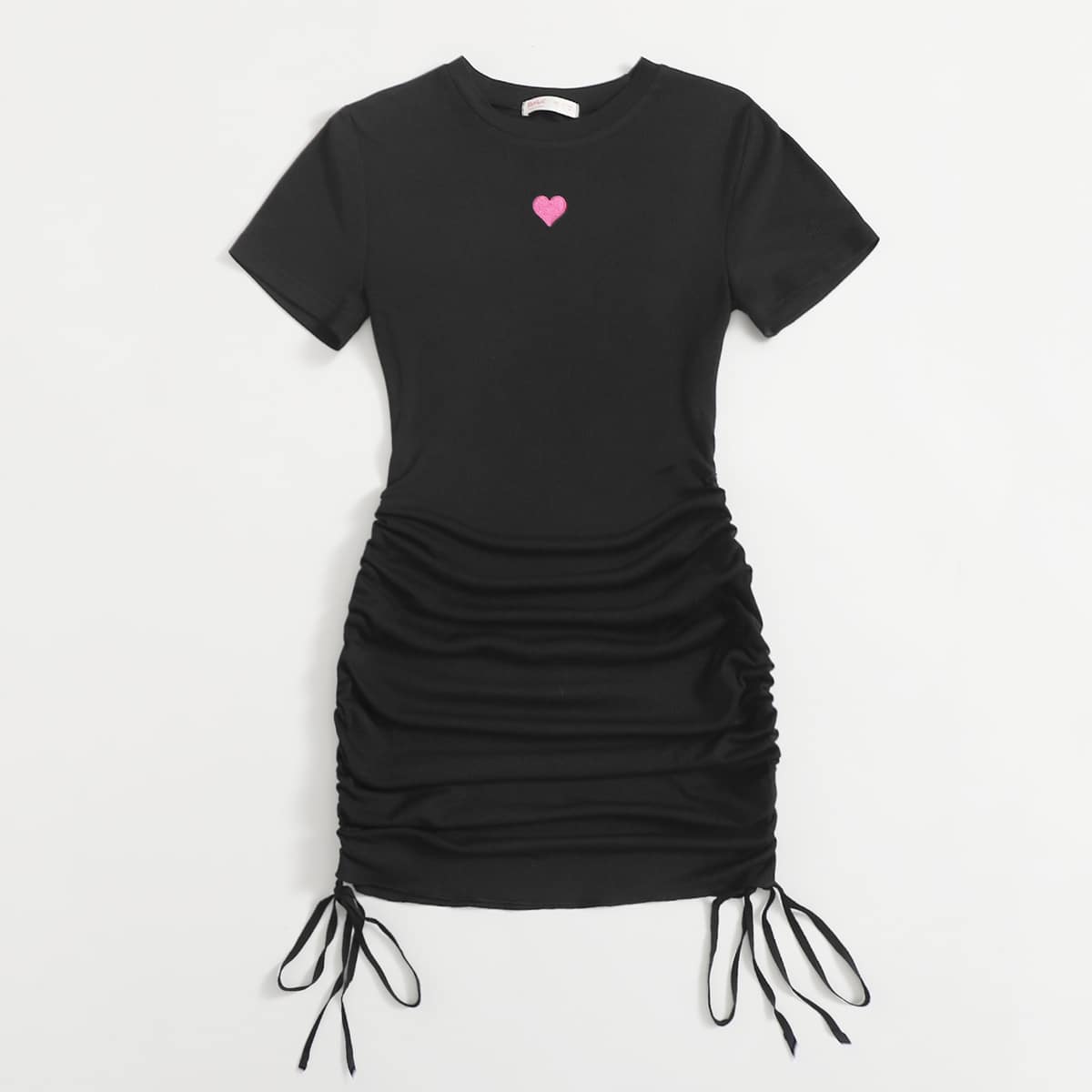 

Heart Graphic Drawstring Ruched Tee Dress, Black