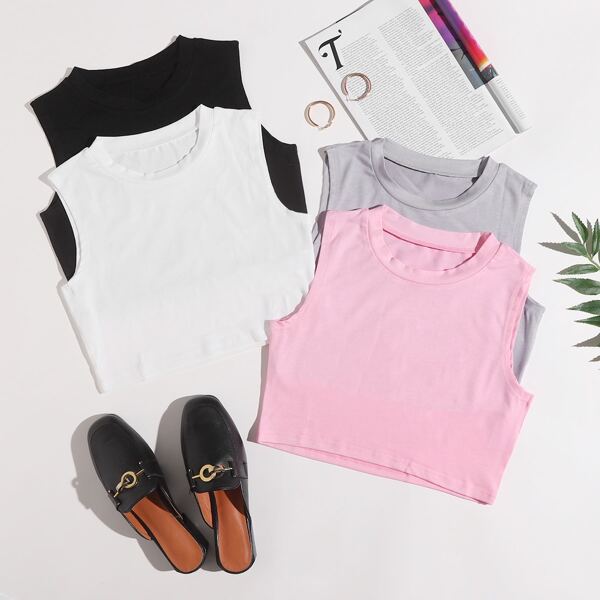 

4pcs Solid Crop Tank Top, Multicolor