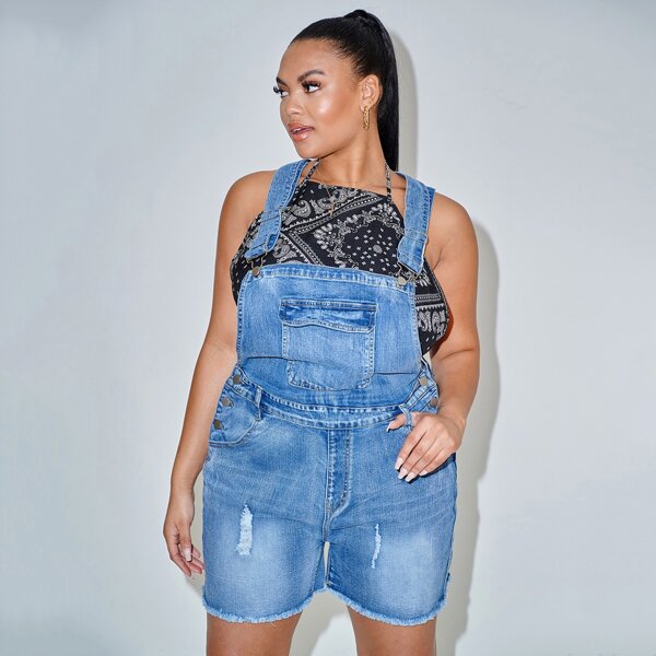 

Plus Adjustable Strap Pocket Front Ripped Raw Hem Denim Overalls, Medium wash