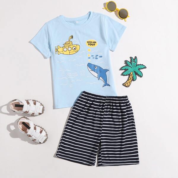 

Toddler Boys Cartoon Graphic Tee With Striped Shorts, Multicolor