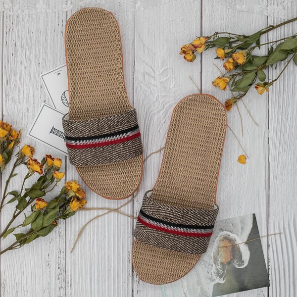 

Men Stripe Panel Slides, Coffee brown