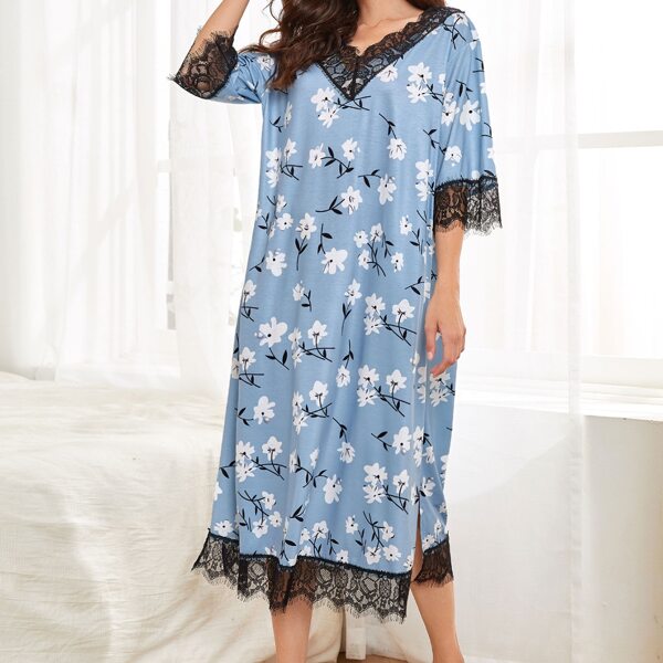 

Floral Lace Trim Night Dress, Blue