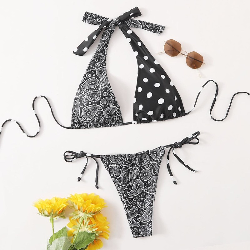 

Paisley & Polka Dot Print Bikini Swimsuit, Black