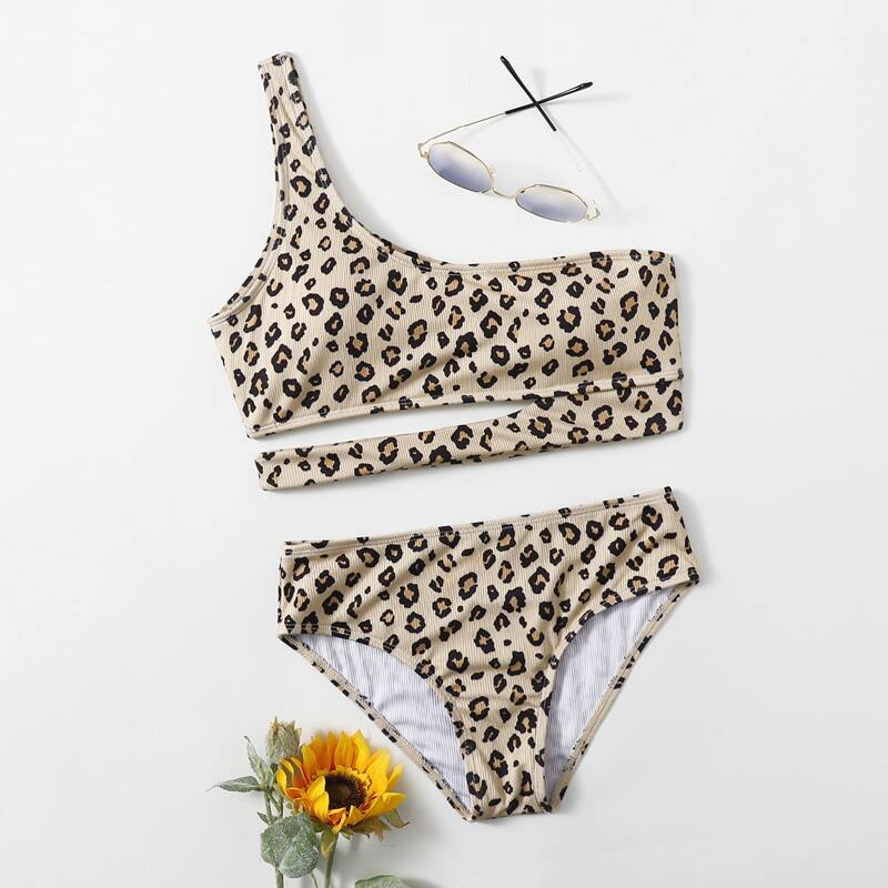 

Leopard Cut Out One Shoulder Bikini Swimsuit, Multicolor