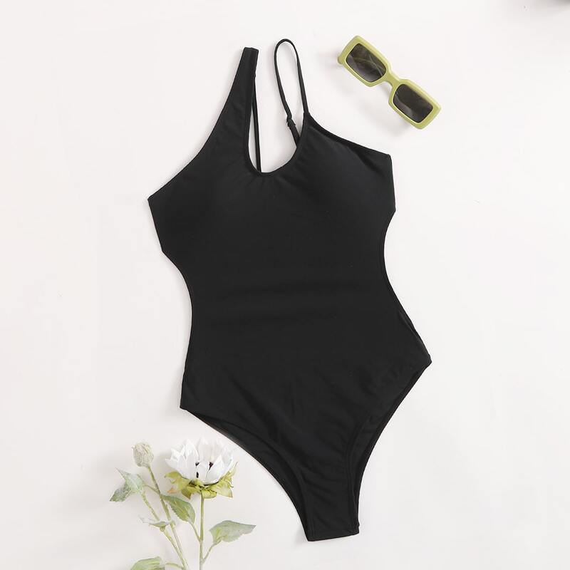 

Solid One Shoulder One Piece Swimsuit, Black