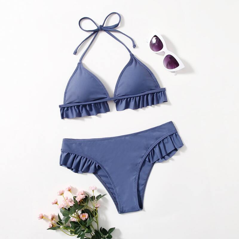 

Solid Ruffle Trim Bikini Swimsuit, Dusty blue
