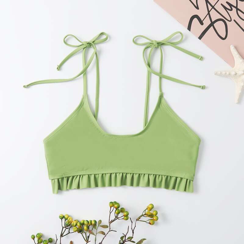 

Solid Frill Trim Bikini Top, Green