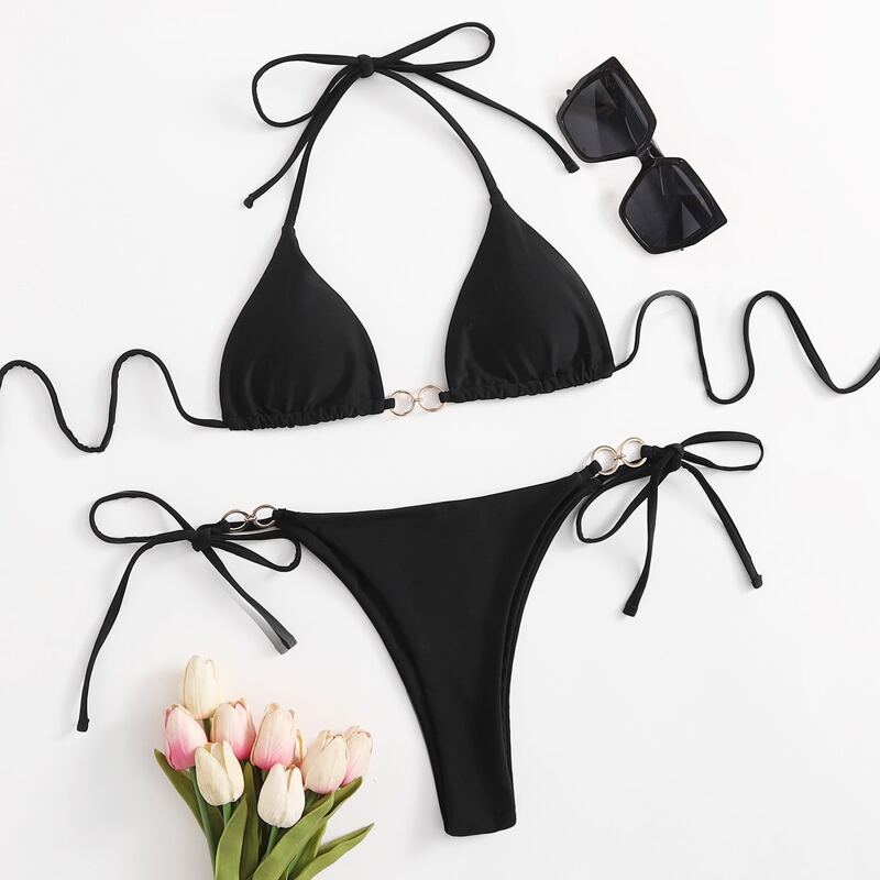 

Solid Ring Linked Bikini Swimsuit, Black