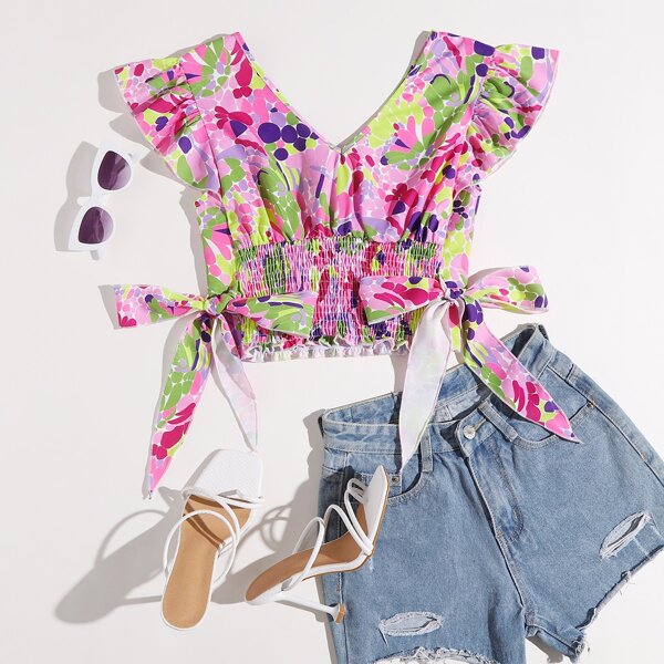 

All Over Print Shirred Hem Knot Side Crop Blouse, Multicolor