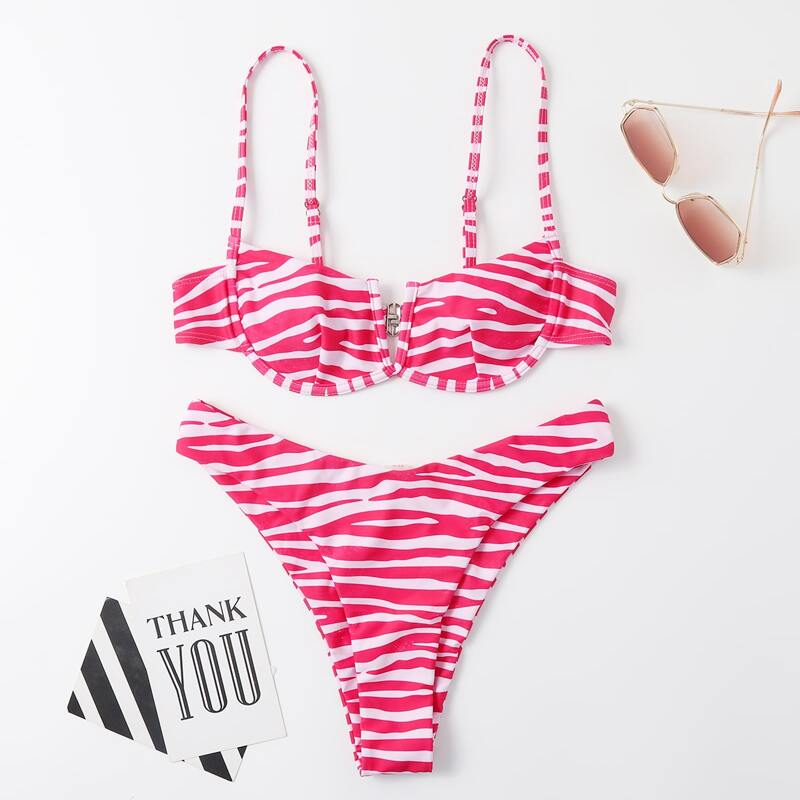 

Zebra Stripe Print Bikini Swimsuit, Hot pink