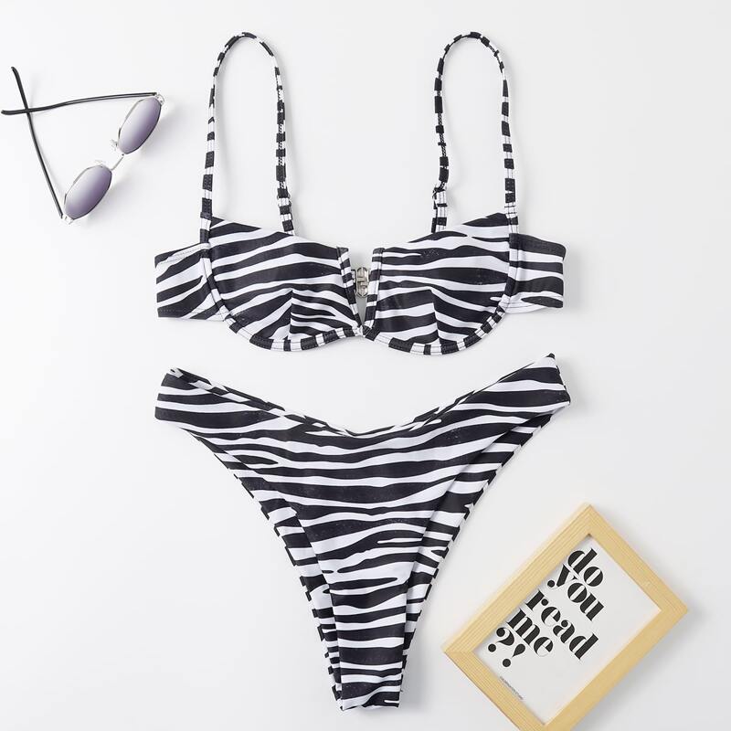 

Zebra Stripe Print Bikini Swimsuit, Black and white