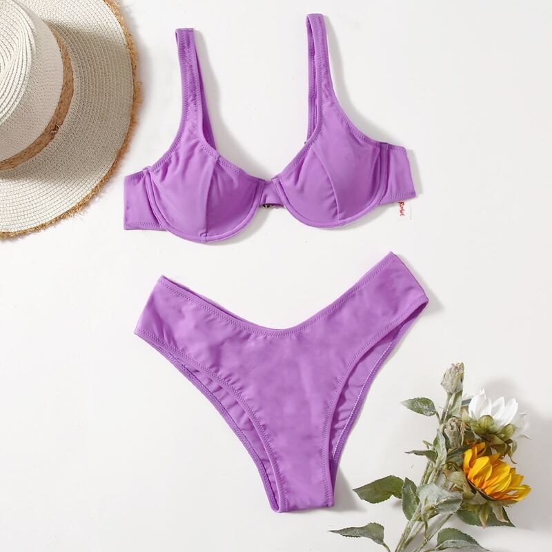 

Solid High Cut Bikini Swimsuit, Purple