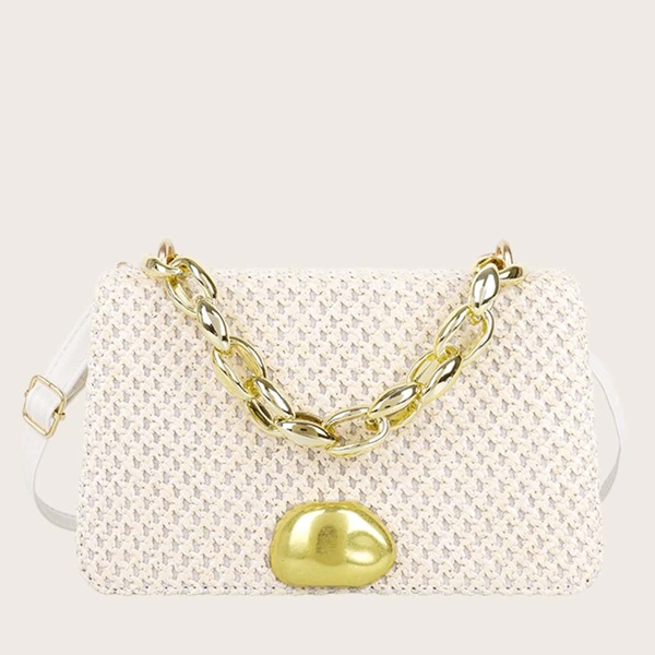 

Woven Design Chain Satchel Bag, Beige