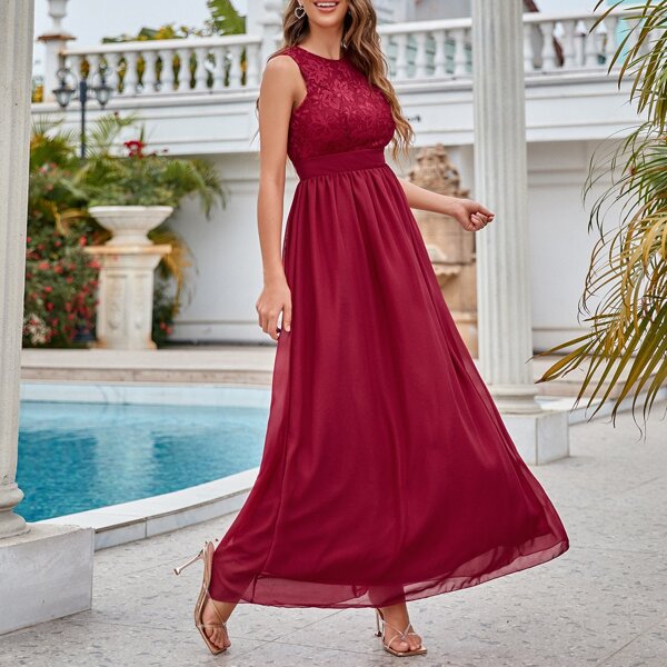 

Contrast Lace Zipper Back Maxi A-line Dress, Burgundy