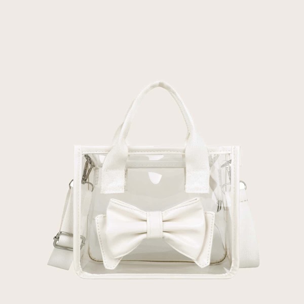 

Clear Bow Decor Satchel Bag With Inner Pouch, White