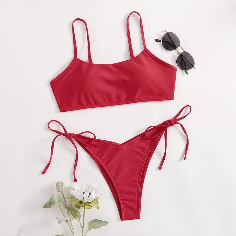

Solid Tie Side Bikini Swimsuit, Red