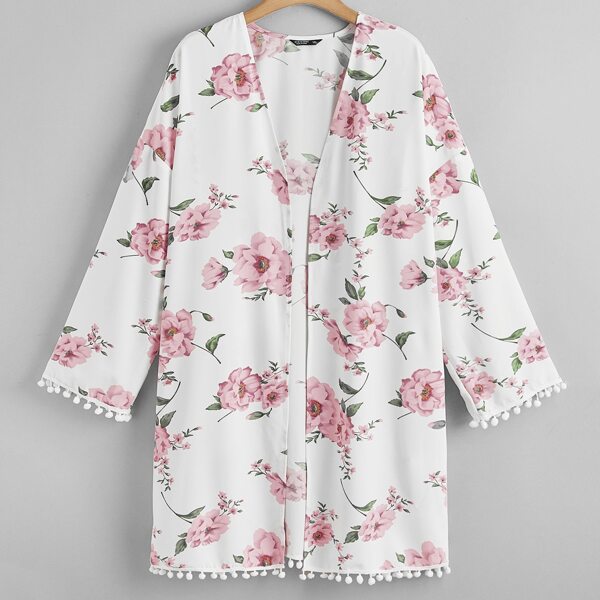 

Plus All Over Floral Print Drop Shoulder Kimono, White