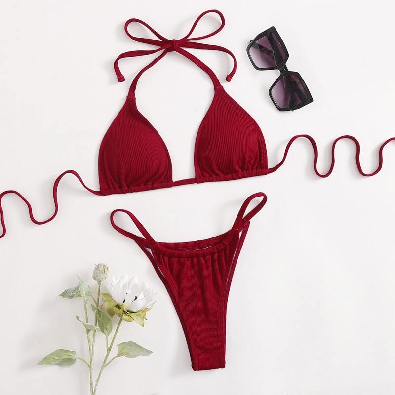 

Solid Tanga Halter Bikini Swimsuit, Red