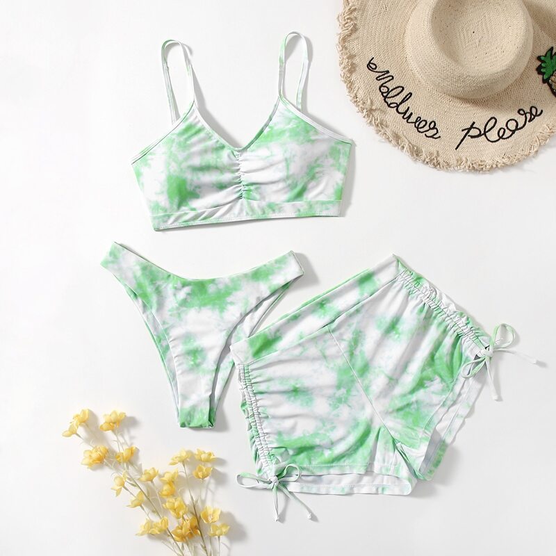 

3pack Tie Dye Drawstring Bikini Swimsuit With Shorts, Multicolor