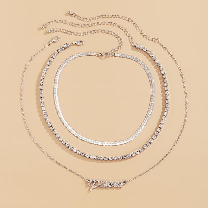 

3pcs Rhinestone Letter Charm Necklace, Silver