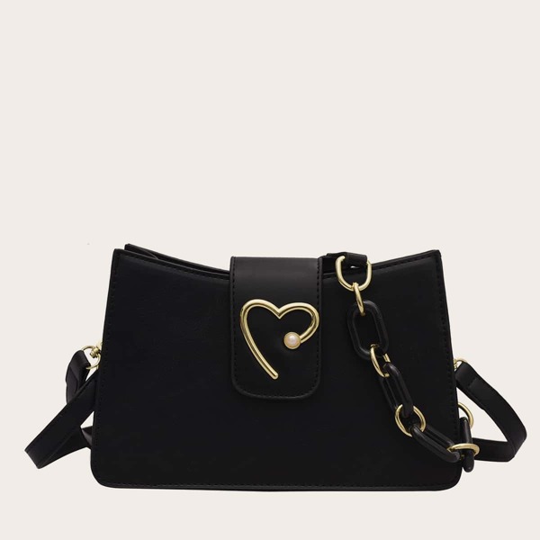 

Metal Heart Decor Baguette Bag, Black