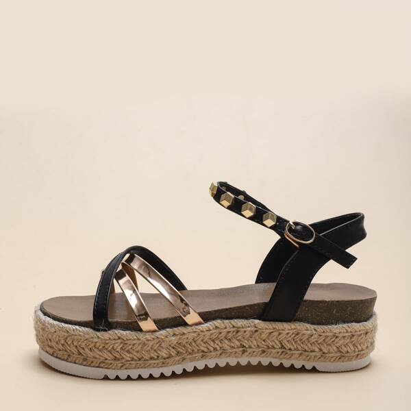 

Rivet Decor Espadrille Flatform Sandals, Black