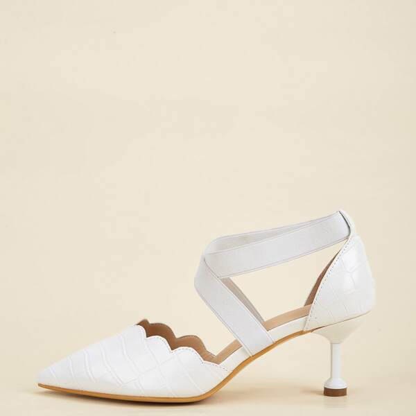 

Croc Embossed Scallop Trim Cross Strap Pumps, White