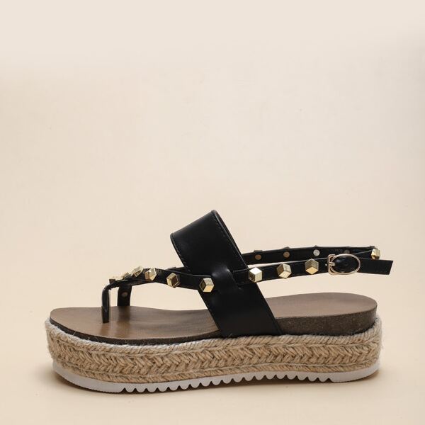

Toe Post Rivet Decor Espadrille Flatform Sandals, Black