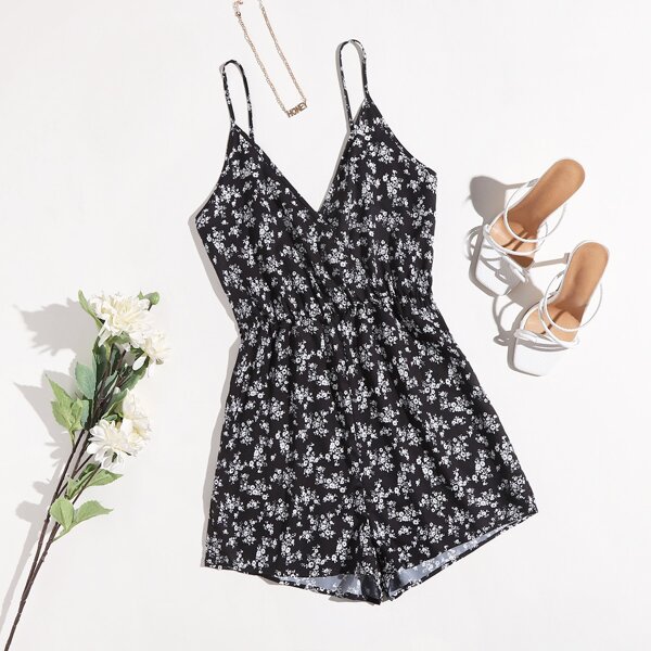 

Plus Ditsy Floral Cami Romper, Black and white
