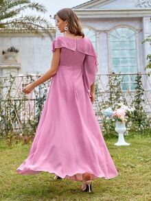 荷葉邊開衩超長雪紡連衣裙 - 紫色 - 查看 2